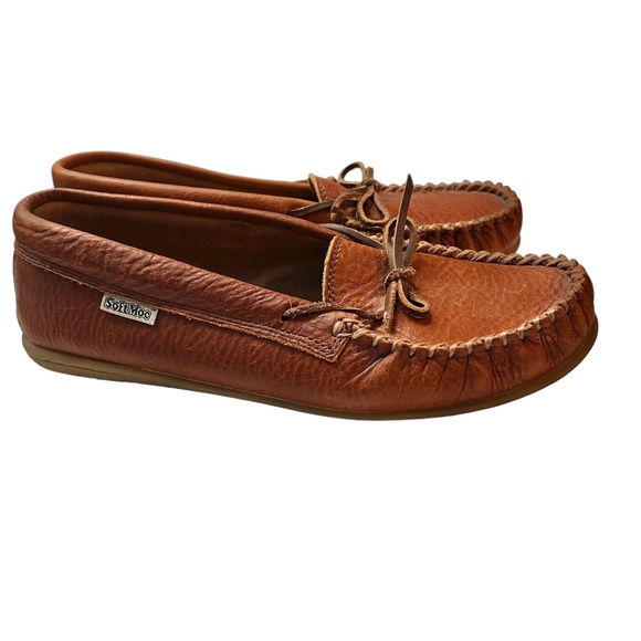 SoftMoc Moccasin Shoes Size 9 Brown Tan Leather Cozy Laced Non Slip - Picture 7 of 11